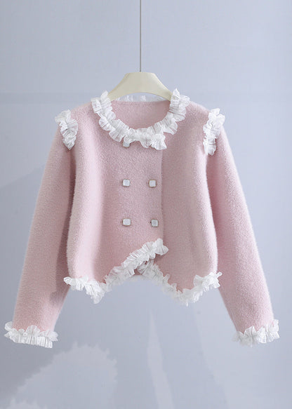 Unique Beige Ruffled Patchwork Mink Hair Knitted Coat Fall Wo032