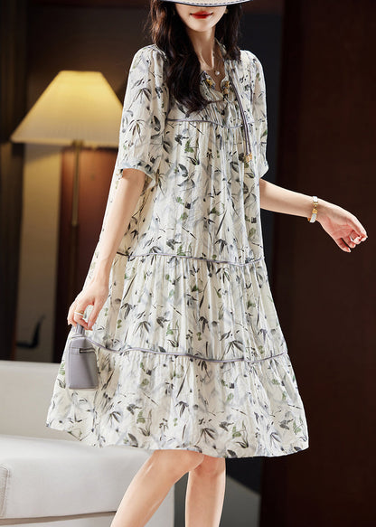 Unique Beige V Neck Print Patchwork Chiffon Maxi Dresses Short Sleeve Ww055