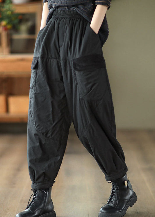 Unique Black Elastic Waist Pockets Fine Cotton Filled Pants Winter Tg1039