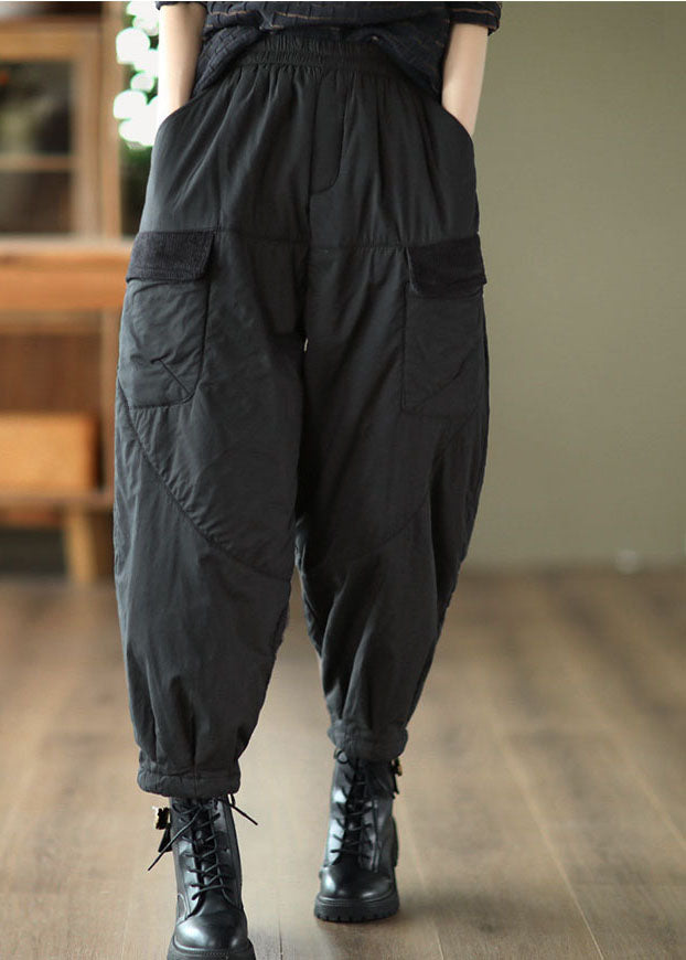 Unique Black Elastic Waist Pockets Fine Cotton Filled Pants Winter Tg1039