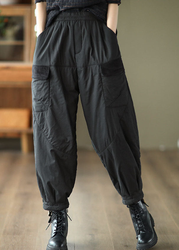 Unique Black Elastic Waist Pockets Fine Cotton Filled Pants Winter Tg1039