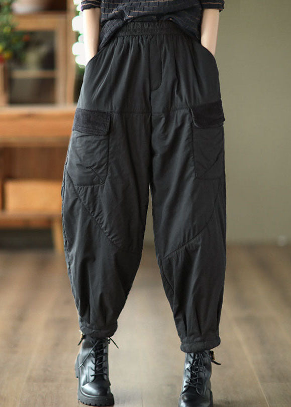 Unique Black Elastic Waist Pockets Fine Cotton Filled Pants Winter Tg1039