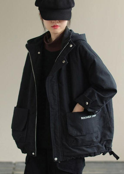 Unique Black Hooded Pockets Winter Cotton Coat Long Sleeve Qs041