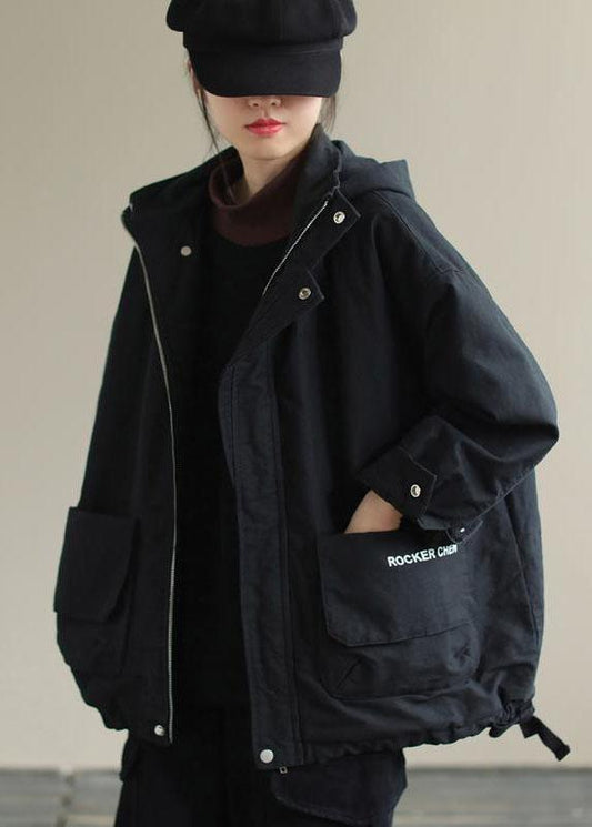 Unique Black Hooded Pockets Winter Cotton Coat Long Sleeve Qs041