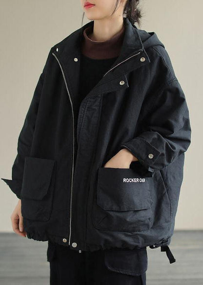 Unique Black Hooded Pockets Winter Cotton Coat Long Sleeve Qs041