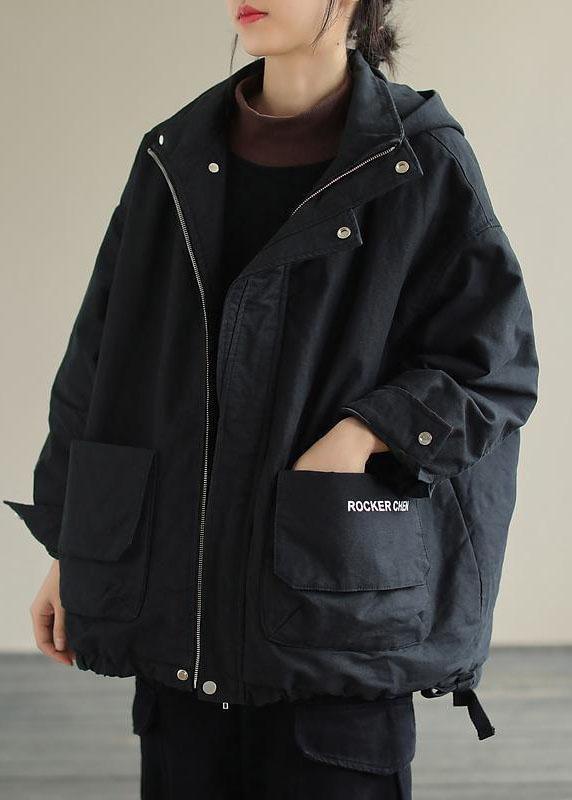 Unique Black Hooded Pockets Winter Cotton Coat Long Sleeve Qs041