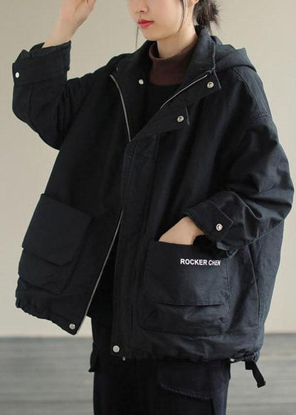 Unique Black Hooded Pockets Winter Cotton Coat Long Sleeve Qs041