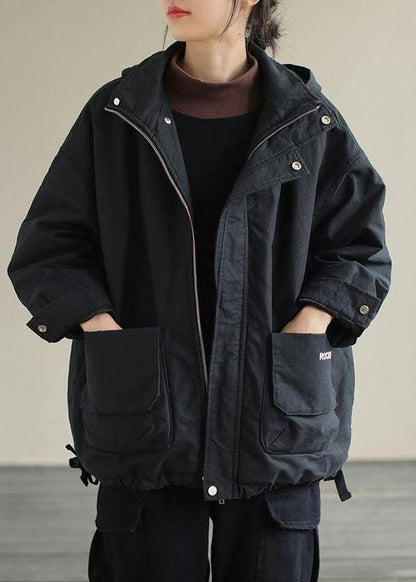 Unique Black Hooded Pockets Winter Cotton Coat Long Sleeve Qs041