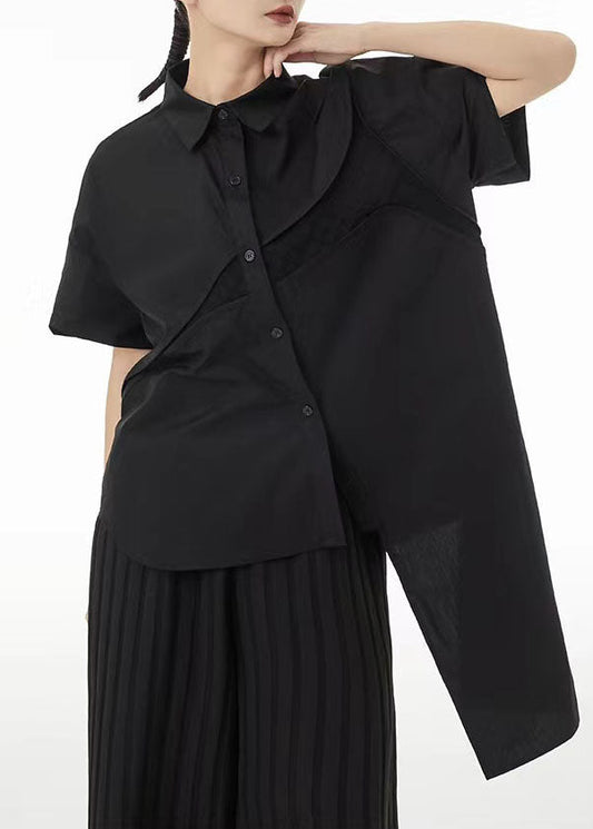 Unique Black Low High Design Cotton Blouses Summer Ts1043