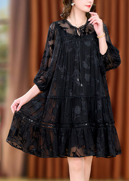 Unique Black Oversized Jacquard Chiffon Maxi Dress Summer Yy018