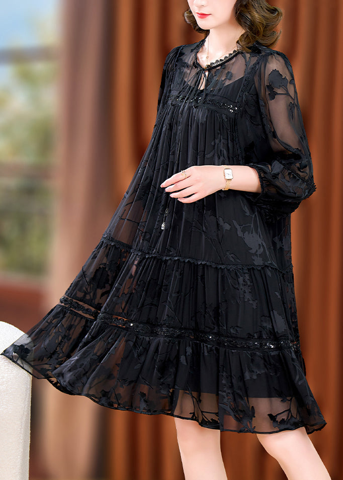 Unique Black Oversized Jacquard Chiffon Maxi Dress Summer Yy018