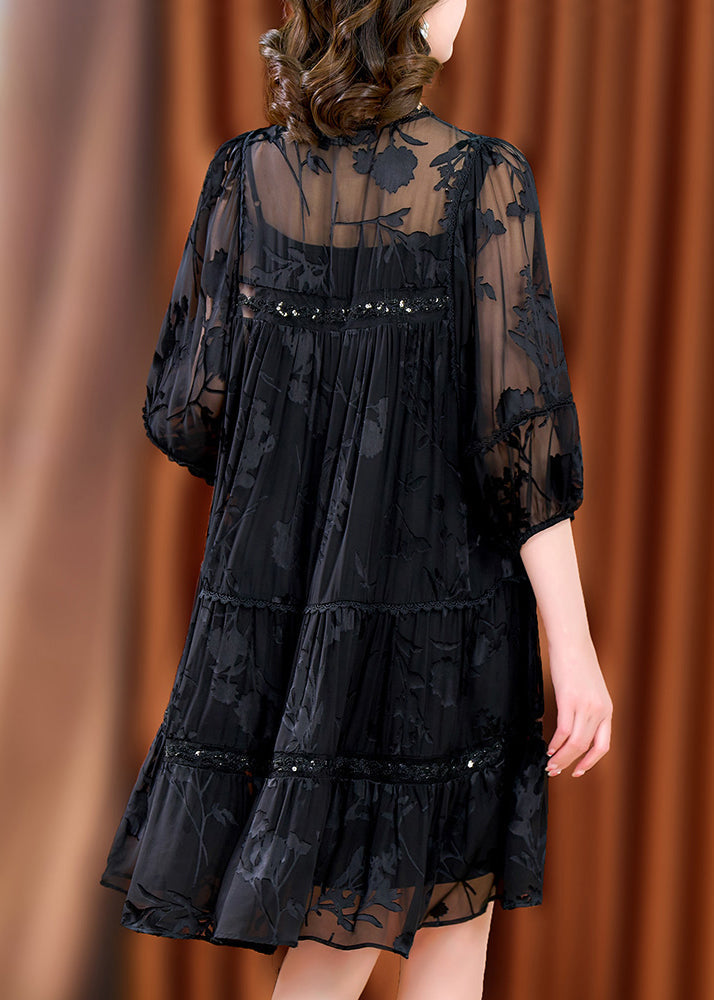 Unique Black Oversized Jacquard Chiffon Maxi Dress Summer Yy018