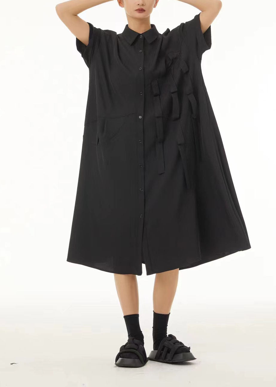 Unique Black Peter Pan Collar Patchwork Button Cotton Long Dress Summer Ts1038