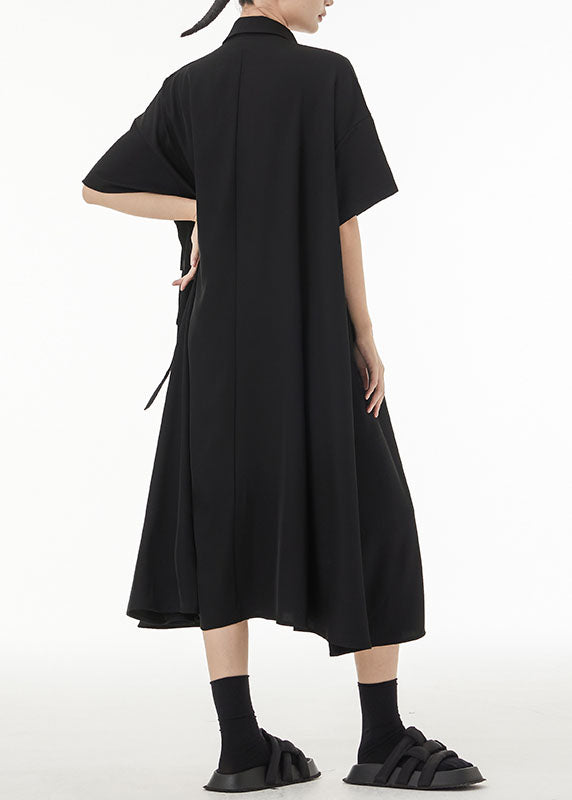Unique Black Peter Pan Collar Patchwork Button Cotton Long Dress Summer Ts1038