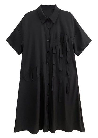 Unique Black Peter Pan Collar Patchwork Button Cotton Long Dress Summer Ts1038