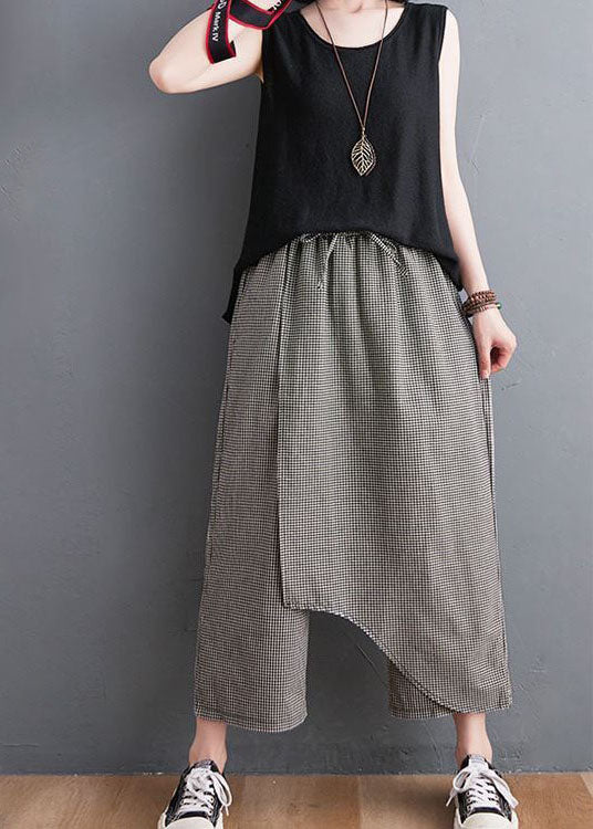 Unique Black Plaid Asymmetrical Design Cotton Crop Pants Summer Ly0597