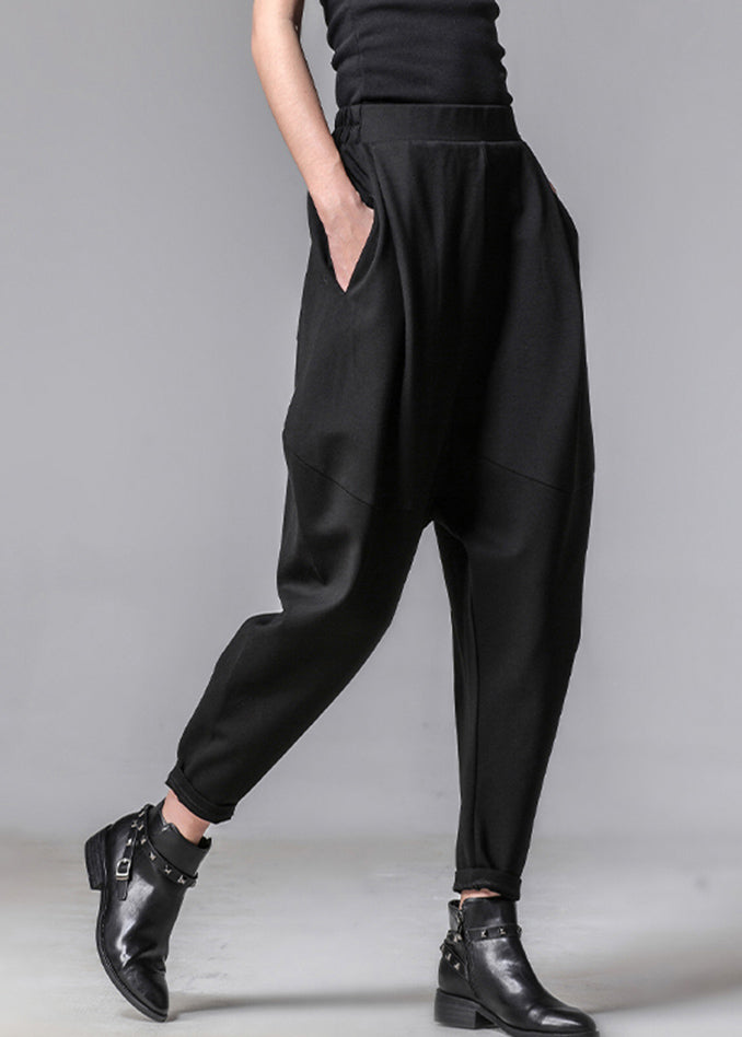 Unique Black Pockets Elastic Waist Cotton Harem Pants Spring Th031