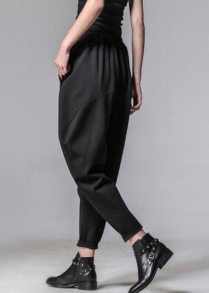 Unique Black Pockets Elastic Waist Cotton Harem Pants Spring Th031