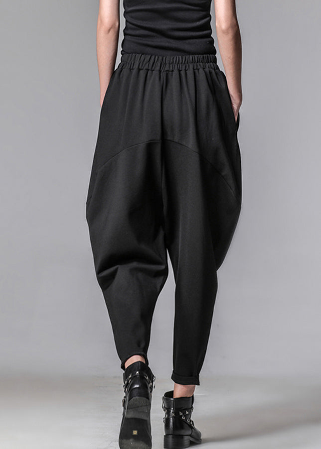 Unique Black Pockets Elastic Waist Cotton Harem Pants Spring Th031