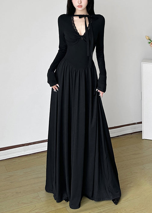 Unique Black V Neck Exra Large Hem Long Dresses Spring Yp006