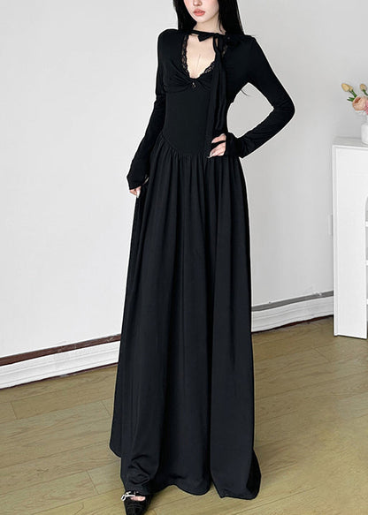 Unique Black V Neck Exra Large Hem Long Dresses Spring Yp006
