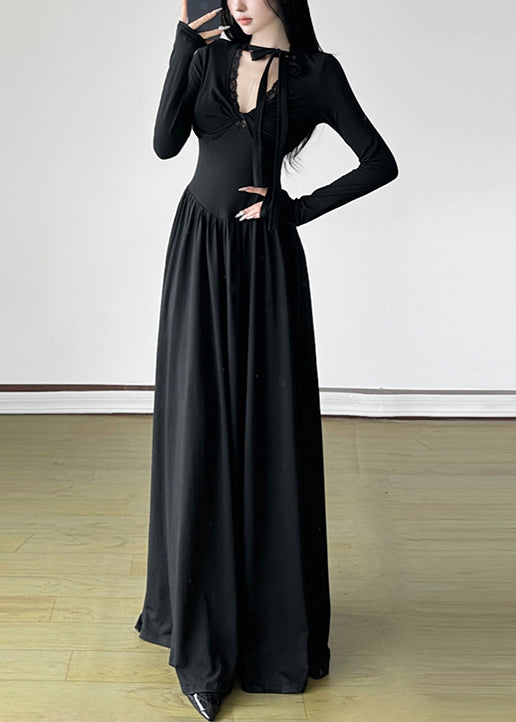 Unique Black V Neck Exra Large Hem Long Dresses Spring Yp006
