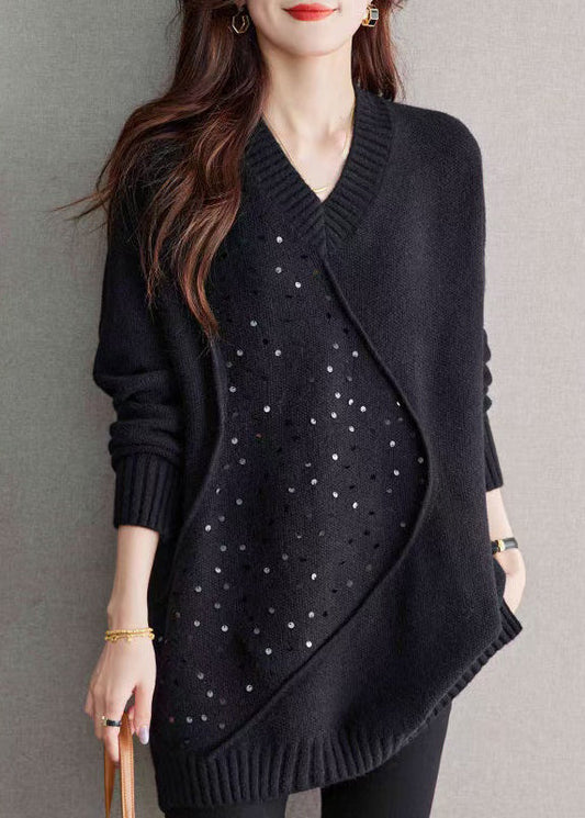 Unique Black V Neck Sequins Patchwork Woolen Sweater Spring Tq031