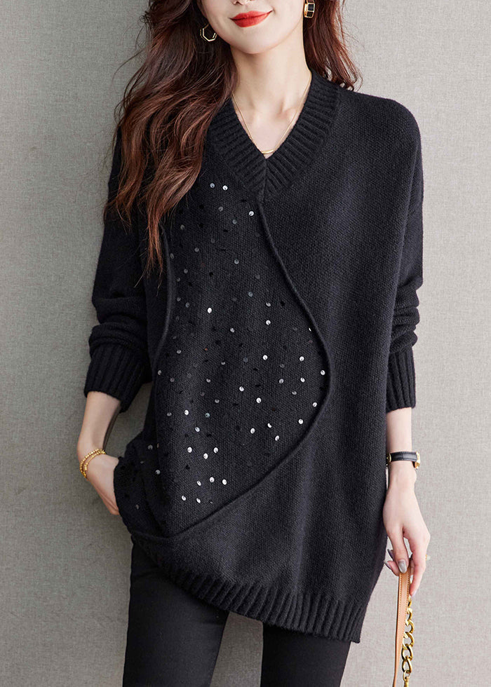 Unique Black V Neck Sequins Patchwork Woolen Sweater Spring Tq031