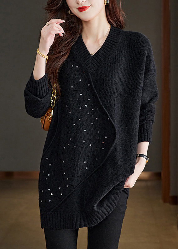 Unique Black V Neck Sequins Patchwork Woolen Sweater Spring Tq031