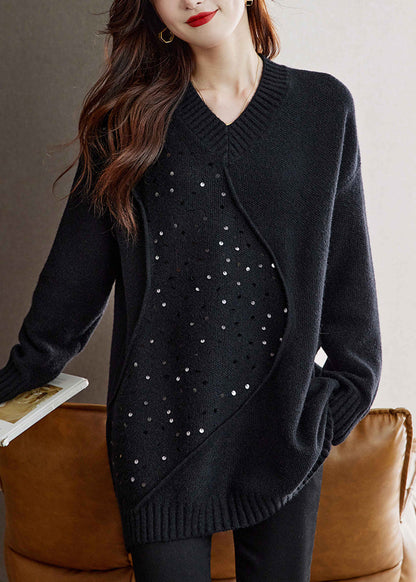 Unique Black V Neck Sequins Patchwork Woolen Sweater Spring Tq031