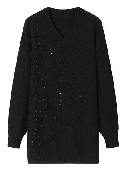 Unique Black V Neck Sequins Patchwork Woolen Sweater Spring Tq031