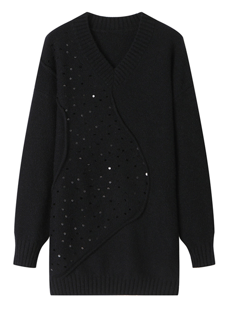 Unique Black V Neck Sequins Patchwork Woolen Sweater Spring Tq031