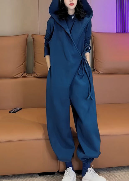 Unique Blue Hooded Lace Up Warm Fleece Jumpsuit Spring Yy037