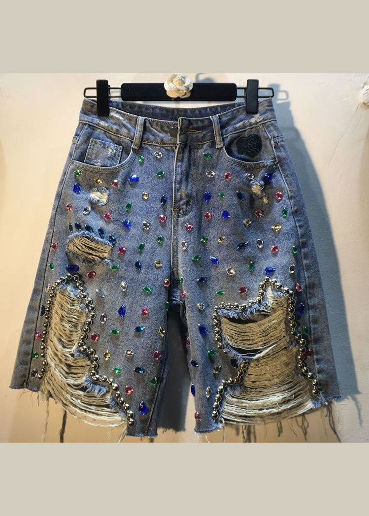 Unique Blue Nail Bead Patchwork High Waist Ripped Shorts Jeans Ty1098