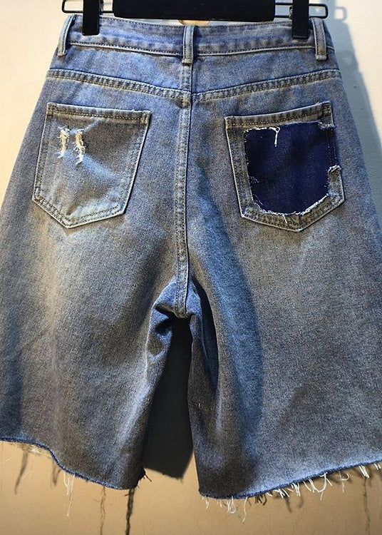 Unique Blue Nail Bead Patchwork High Waist Ripped Shorts Jeans Ty1098