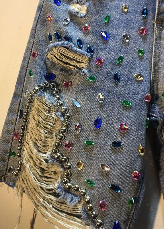 Unique Blue Nail Bead Patchwork High Waist Ripped Shorts Jeans Ty1098