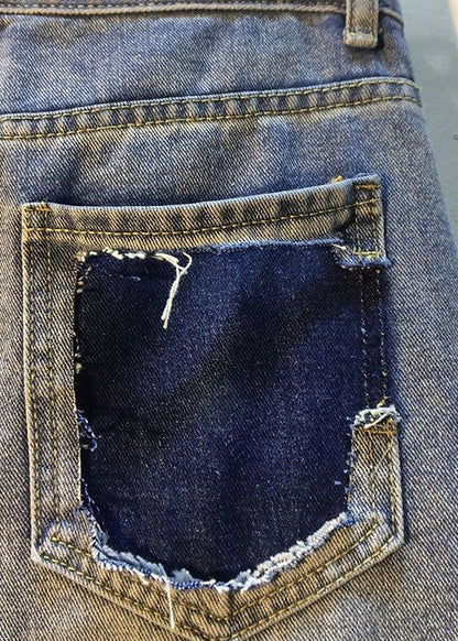Unique Blue Nail Bead Patchwork High Waist Ripped Shorts Jeans Ty1098