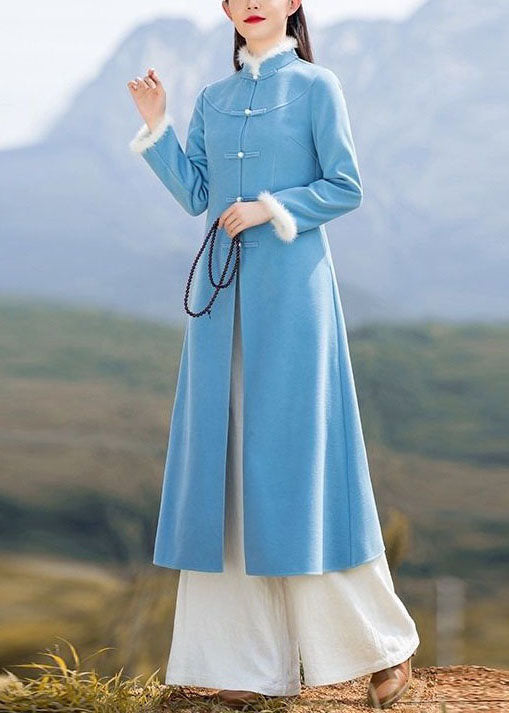 Unique Blue Patchwork Chinese Button Woolen Coat and Pants Two Pieces Set Spring Ly1671