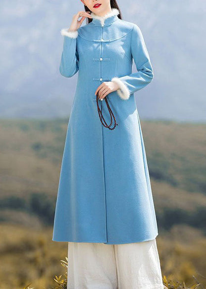 Unique Blue Patchwork Chinese Button Woolen Coat and Pants Two Pieces Set Spring Ly1671