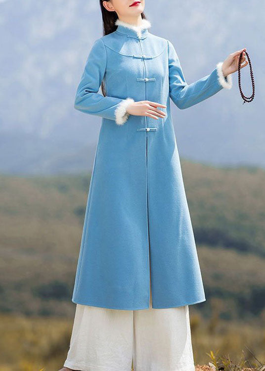 Unique Blue Patchwork Chinese Button Woolen Coat and Pants Two Pieces Set Spring Ly1671