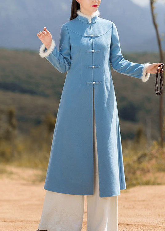 Unique Blue Patchwork Chinese Button Woolen Coat and Pants Two Pieces Set Spring Ly1671