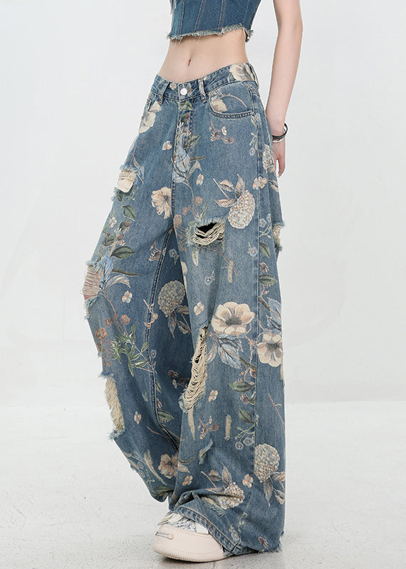 Unique Blue Print Hole High Waist Denim Pants Summer Uy003