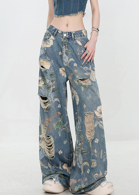 Unique Blue Print Hole High Waist Denim Pants Summer Uy003