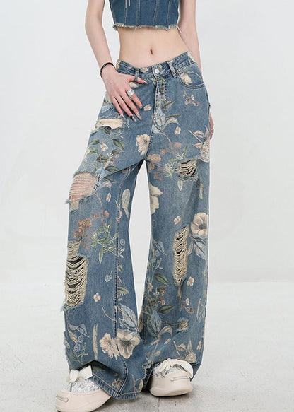 Unique Blue Print Hole High Waist Denim Pants Summer Uy003