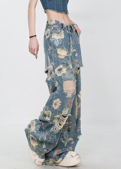 Unique Blue Print Hole High Waist Denim Pants Summer Uy003