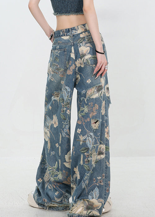 Unique Blue Print Hole High Waist Denim Pants Summer Uy003