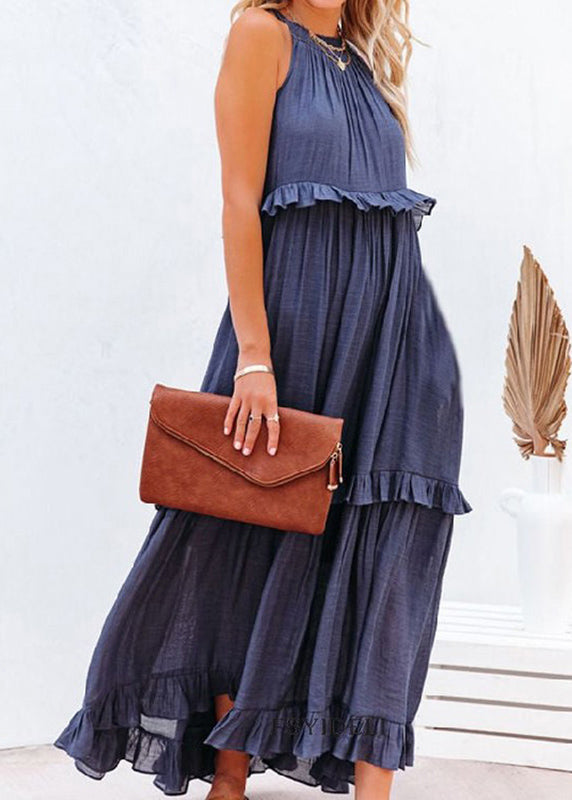 Unique Blue Ruffled Patchwork Holida Long Dress Summer Vb1038