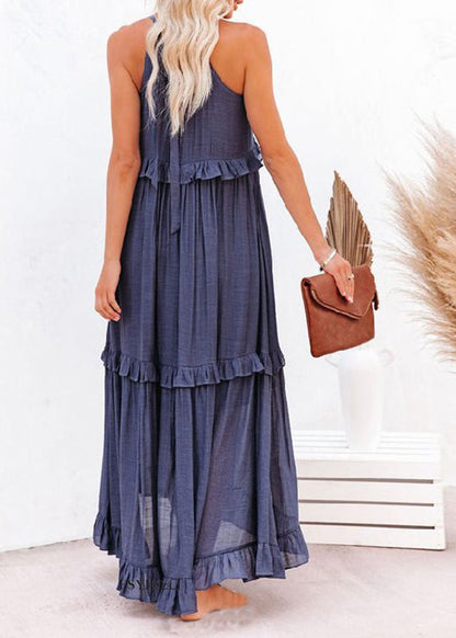 Unique Blue Ruffled Patchwork Holida Long Dress Summer Vb1038