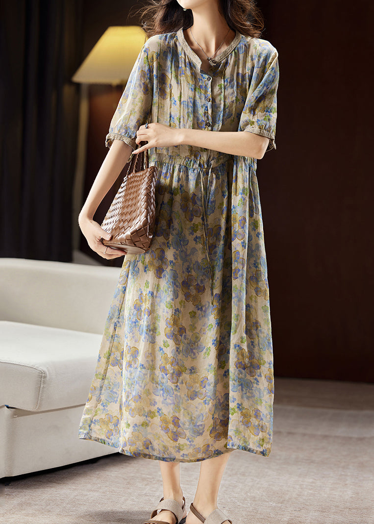 Unique Blue Stand Collar Print Button Linen Maxi Dresses Summer Ww035