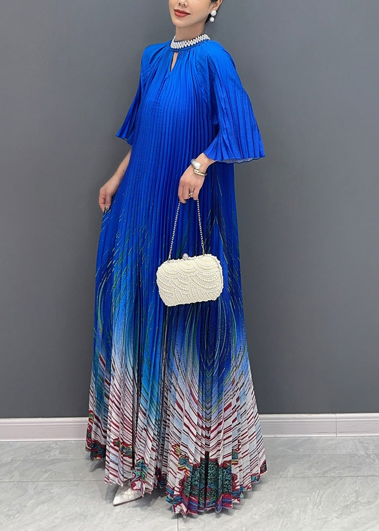 Unique Blue Stand Collar Print Wrinkled Long Dress Summer Ao1002
